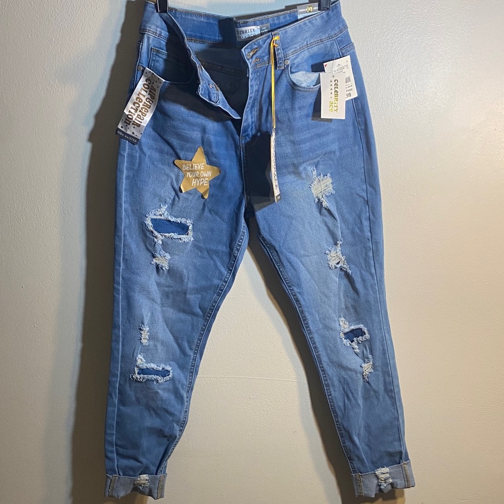 Trendy Distressed Boyfriend Jeans in Light Blue